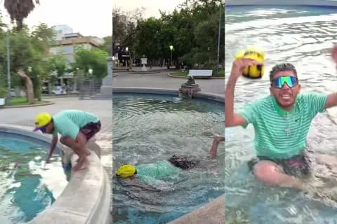 Un tiktoker sanjuanino se tiró a la fuente de la Plaza 25 de Mayo y generó polémica en las redes