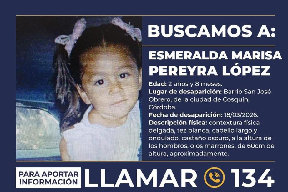 Alerta Sofía por Esmeralda Marisa Pereyra López, de 2 años, desaparecida en Córdoba