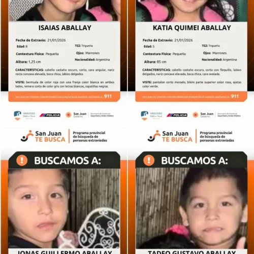 Activaron el protocolo San Juan Te Busca por la desaparición de cuatro hermanos en Santa Lucía